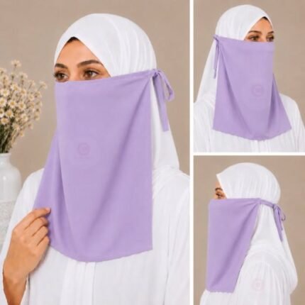 Woman wearing easy wear tie back half niqab in breathable soft double layered chiffon, front coverage side view adjustable closure. BY CLOTHIFYDOTPK