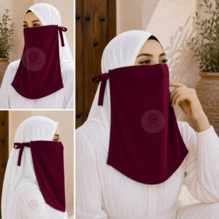 Woman wearing easy wear tie back half niqab in breathable soft double layered chiffon, front coverage side view adjustable closure. BY CLOTHIFYDOTPK