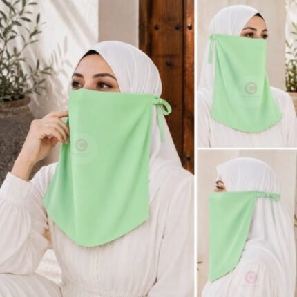 Woman wearing easy wear tie back half niqab in breathable soft double layered chiffon, front coverage side view adjustable closure. BY CLOTHIFYDOTPK