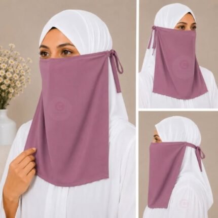 Woman wearing easy wear tie back half niqab in breathable soft double layered chiffon, front coverage side view adjustable closure. BY CLOTHIFYDOTPK