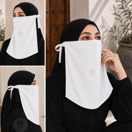 Woman wearing white easy wear tie back half niqab in breathable soft double layered chiffon, front coverage side view adjustable closure. BY CLOTHIFYDOTPK