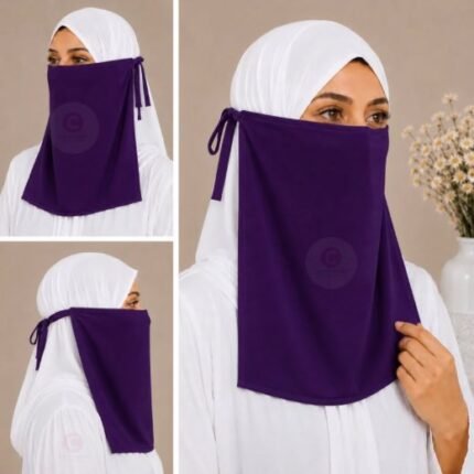 Woman wearing easy wear tie back half niqab in breathable soft double layered chiffon, front coverage side view adjustable closure. BY CLOTHIFYDOTPK