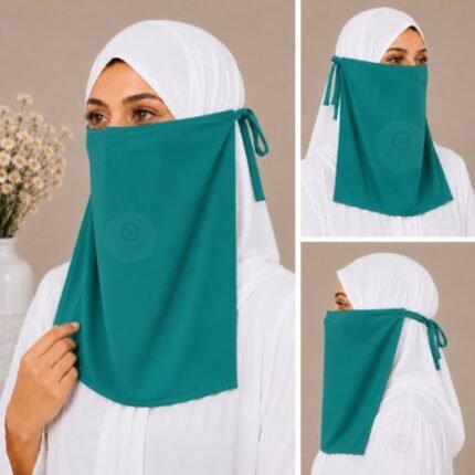 Woman wearing easy wear tie back half niqab in breathable soft double layered chiffon, front coverage side view adjustable closure. BY CLOTHIFYDOTPK