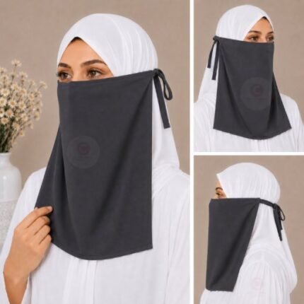 Woman wearing easy wear tie back half niqab in breathable soft double layered chiffon, front coverage side view adjustable closure. BY CLOTHIFYDOTPK