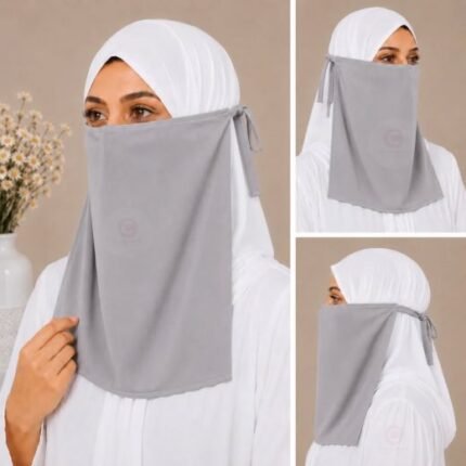 Woman wearing easy wear tie back half niqab in breathable soft double layered chiffon, front coverage side view adjustable closure. BY CLOTHIFYDOTPK