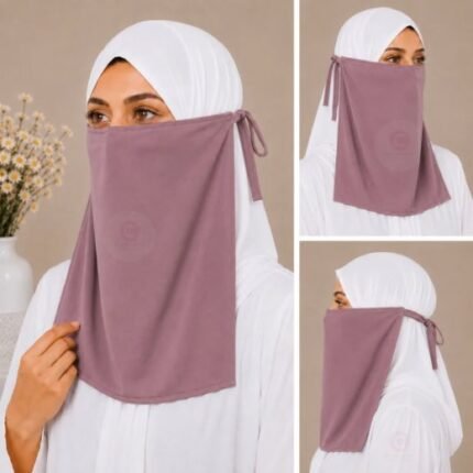 Woman wearing easy wear tie back half niqab in breathable soft double layered chiffon, front coverage side view adjustable closure. BY CLOTHIFYDOTPK
