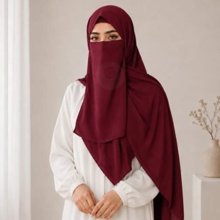 A woman wearing a complete 3 piece hijab set with a niqab covering her face, leaving only eyes visible. The set includes an underscarf, outer scarf and separate niqab. By CLOTHIFYDOTPK