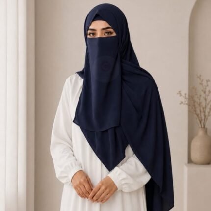 A woman wearing a complete 3 piece hijab set with a niqab covering her face, leaving only eyes visible. The set includes an underscarf, outer scarf and separate niqab. By CLOTHIFYDOTPK
