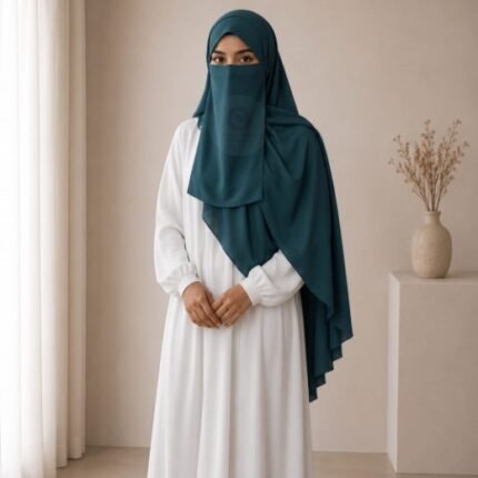 A woman wearing a complete 3 piece hijab set with a niqab covering her face, leaving only eyes visible. The set includes an underscarf, outer scarf and separate niqab. By CLOTHIFYDOTPK