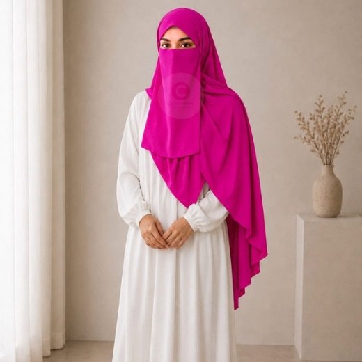 A woman wearing a complete 3 piece hijab set with a niqab covering her face, leaving only eyes visible. The set includes an underscarf, outer scarf and separate niqab. By CLOTHIFYDOTPK