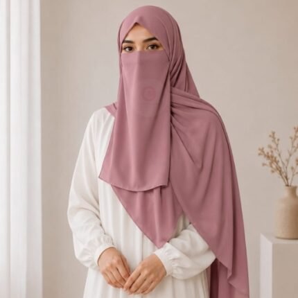 A woman wearing a complete 3 piece hijab set with a niqab covering her face, leaving only eyes visible. The set includes an underscarf, outer scarf and separate niqab. By CLOTHIFYDOTPK