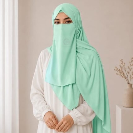 A woman wearing a complete 3 piece hijab set with a niqab covering her face, leaving only eyes visible. The set includes an underscarf, outer scarf and separate niqab. By CLOTHIFYDOTPK