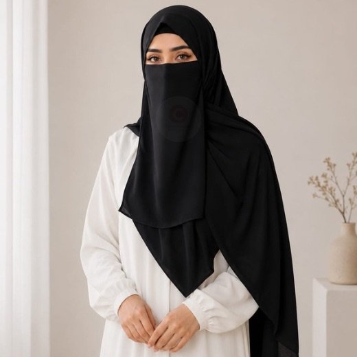 A woman wearing a complete 3 piece hijab set with a niqab covering her face, leaving only eyes visible. The set includes an underscarf, outer scarf and separate niqab. By CLOTHIFYDOTPK