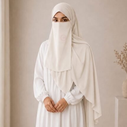 A woman wearing a complete 3 piece hijab set with a niqab covering her face, leaving only eyes visible. The set includes an underscarf, outer scarf and separate niqab. By CLOTHIFYDOTPK