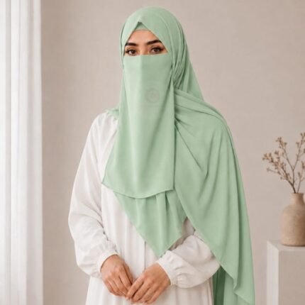 A woman wearing a complete 3 piece hijab set with a niqab covering her face, leaving only eyes visible. The set includes an underscarf, outer scarf and separate niqab. By CLOTHIFYDOTPK