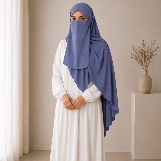 Hijab Niqab Set 3pc_0976 - 22 A woman wearing a complete 3 piece hijab set with a niqab covering her face, leaving only eyes visible. The set includes an underscarf, outer scarf and separate niqab. By CLOTHIFYDOTPK