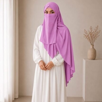 A woman wearing a complete 3 piece hijab set with a niqab covering her face, leaving only eyes visible. The set includes an underscarf, outer scarf and separate niqab. By CLOTHIFYDOTPK