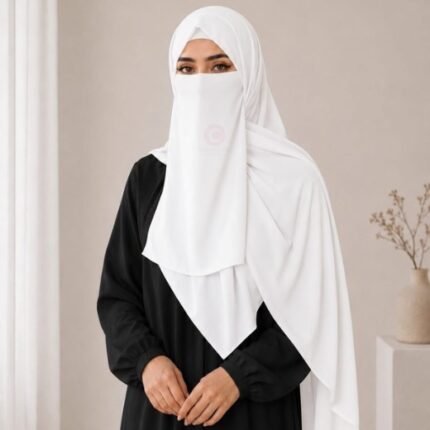 A woman wearing a complete 3 piece hijab set with a niqab covering her face, leaving only eyes visible. The set includes an underscarf, outer scarf and separate niqab. By CLOTHIFYDOTPK