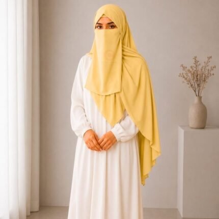 A woman wearing a complete 3 piece hijab set with a niqab covering her face, leaving only eyes visible. The set includes an underscarf, outer scarf and separate niqab. By CLOTHIFYDOTPK