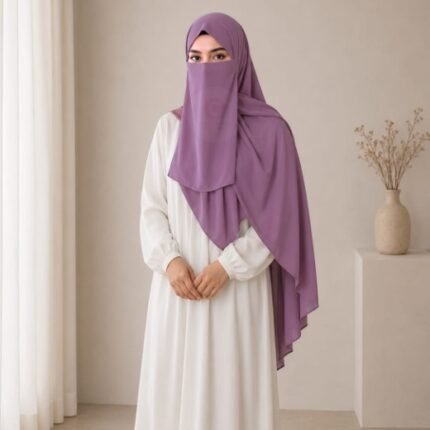 A woman wearing a complete 3 piece hijab set with a niqab covering her face, leaving only eyes visible. The set includes an underscarf, outer scarf and separate niqab. By CLOTHIFYDOTPK