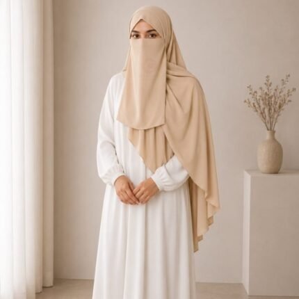 A woman wearing a complete 3 piece hijab set with a niqab covering her face, leaving only eyes visible. The set includes an underscarf, outer scarf and separate niqab. By CLOTHIFYDOTPK