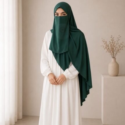 A woman wearing a complete 3 piece hijab set with a niqab covering her face, leaving only eyes visible. The set includes an underscarf, outer scarf and separate niqab. By CLOTHIFYDOTPK