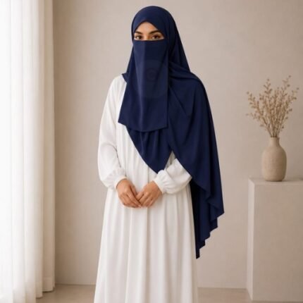 A woman wearing a complete 3 piece hijab set with a niqab covering her face, leaving only eyes visible. The set includes an underscarf, outer scarf and separate niqab. By CLOTHIFYDOTPK
