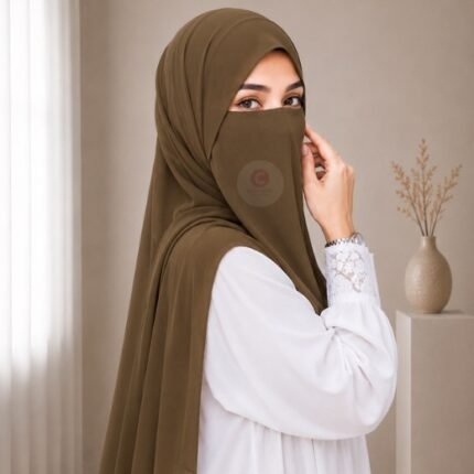 A woman wearing a complete 2 piece hijab set with a niqab covering her face, leaving only eyes visible. The set includes an Hijab and separate niqab. By CLOTHIFYDOTPK