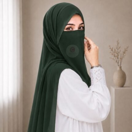 A woman wearing a complete 2 piece hijab set with a niqab covering her face, leaving only eyes visible. The set includes an Hijab and separate niqab. By CLOTHIFYDOTPK
