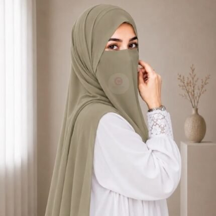 A woman wearing a complete two piece hijab set with a niqab covering her face, leaving only eyes visible. The set includes an Hijab and separate niqab. By CLOTHIFYDOTPK