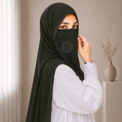 A woman wearing a complete 2 piece hijab set with a niqab covering her face, leaving only eyes visible. The set includes an Hijab and separate niqab. By CLOTHIFYDOTPK