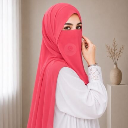 A woman wearing a complete 2 piece hijab set with a niqab covering her face, leaving only eyes visible. The set includes an Hijab and separate niqab. By CLOTHIFYDOTPK