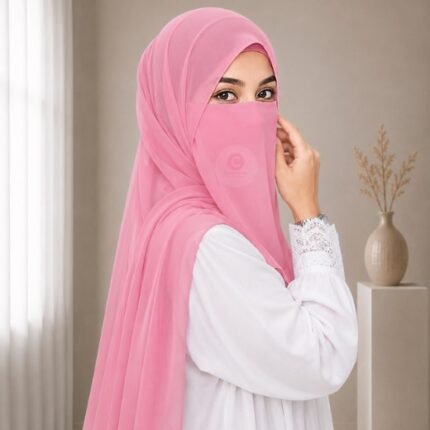 A woman wearing a complete 2 piece hijab set with a niqab covering her face, leaving only eyes visible. The set includes an Hijab and separate niqab. By CLOTHIFYDOTPK