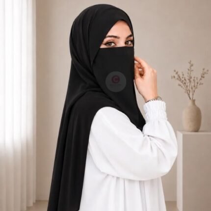 A woman wearing a complete 2 piece hijab set with a niqab covering her face, leaving only eyes visible. The set includes an Hijab and separate niqab. By CLOTHIFYDOTPK