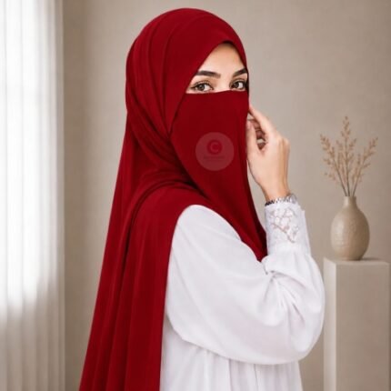 A woman wearing a complete 2 piece hijab set with a niqab covering her face, leaving only eyes visible. The set includes an Hijab and separate niqab. By CLOTHIFYDOTPK