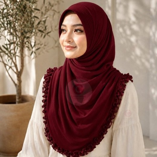 Imported Queen Hijab 065 - 10 A woman wearing a soft, stretchy instant hijab, draped smoothly around her head and shoulders with no visible pins or wrapping layers.
