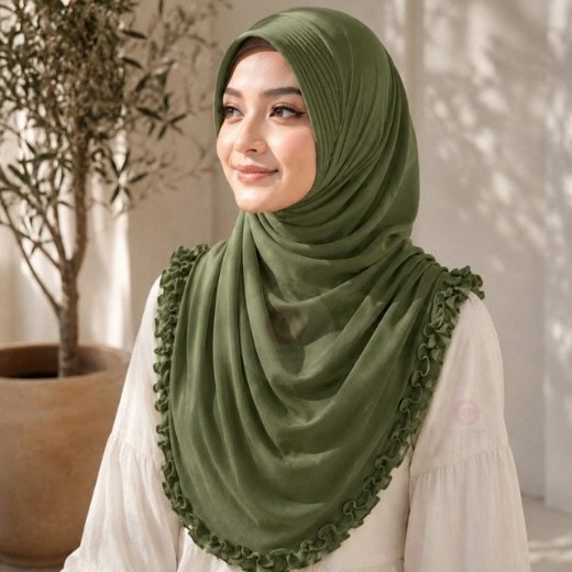 Imported Queen Hijab 065 – 13 A woman wearing a soft, stretchy instant hijab, draped smoothly around her head and shoulders with no visible pins or wrapping layers.