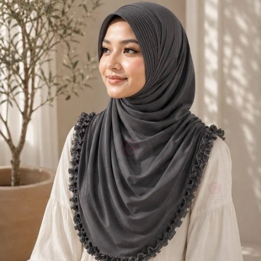 Imported Queen Hijab 065 – 4 A woman wearing a soft, stretchy instant hijab, draped smoothly around her head and shoulders with no visible pins or wrapping layers.