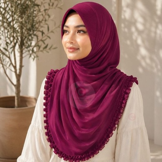 Imported Queen Hijab 065 - 5 A woman wearing a soft, stretchy instant hijab, draped smoothly around her head and shoulders with no visible pins or wrapping layers.