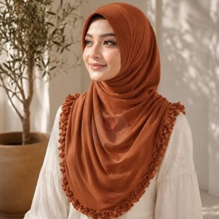 A woman wearing a soft, stretchy instant hijab, draped smoothly around her head and shoulders with no visible pins or wrapping layers.