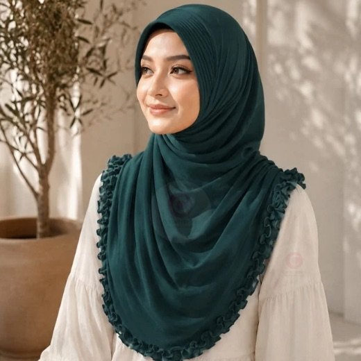 A woman wearing a soft, stretchy instant hijab, draped smoothly around her head and shoulders with no visible pins or wrapping layers.