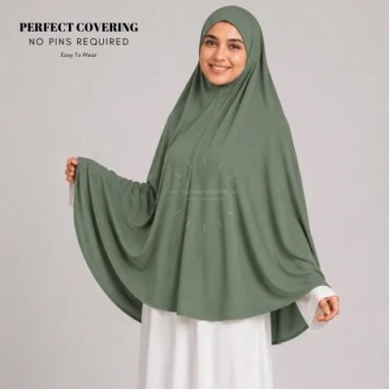 A woman wearing a Sage Green jersey Hajj and Umrah scarf – a Namaz Makhna hijab designed for head, neck and shoulder coverage without the need for pins. By CLOTHIFYDOTPK