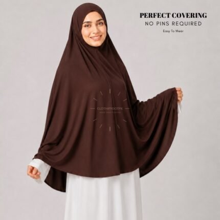 A woman wearing a Brown jersey Hajj and Umrah scarf – a Namaz Makhna hijab designed for head, neck and shoulder coverage without the need for pins. By CLOTHIFYDOTPK