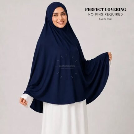 A woman wearing a Navy Blue jersey Hajj and Umrah scarf – a Namaz Makhna hijab designed for head, neck and shoulder coverage without the need for pins. By CLOTHIFYDOTPK
