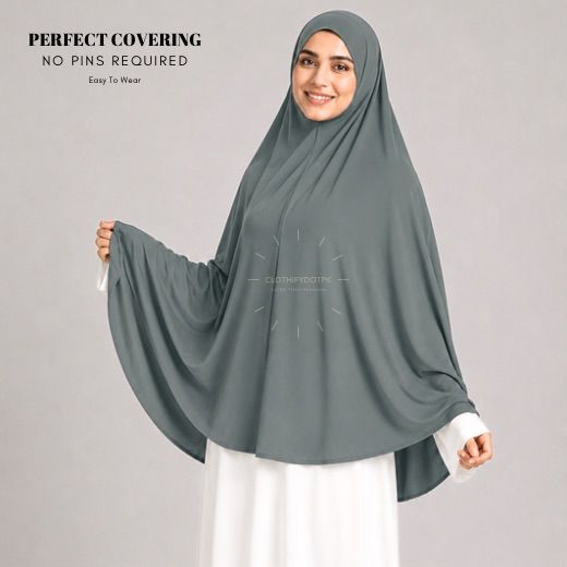 Jersey Makhna Hijab XL061 A woman wearing a Greenish Gray jersey Hajj and Umrah scarf – a Namaz Makhna hijab designed for head, neck and shoulder coverage without the need for pins. By CLOTHIFYDOTPK