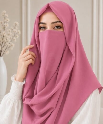 Woman wearing a modest Misri hijab set - Ninja Nectar with layered drape over her shoulder. BY CLOTHIFYDOTPK