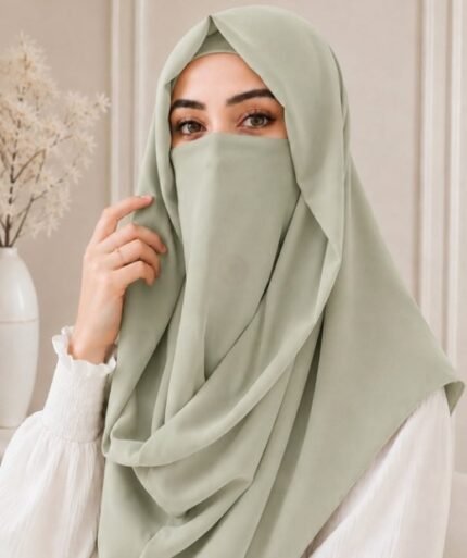 Woman wearing a soft chiffon Misri hijab niqab set with full coverage and breathable fabric. BY CLOTHIFYDOTPK
