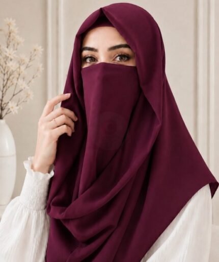 A woman wearing a simply draped Misri hijab Niqab, with the ends flowing over her shoulder. BY CLOTHIFYDOTPK