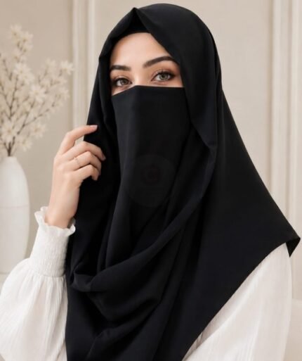 Stylish woman wearing a luxury Misri hijab Niqab or ninja nectar set with coordinated underscarf and flowing drape. BY CLOTHIFYDOTPK