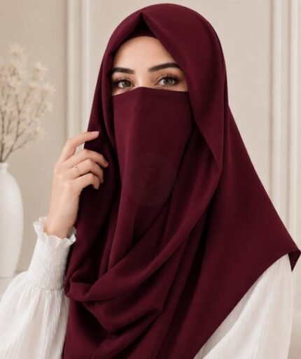 A woman wearing an elegant Instant Misri hijab set draped over the head and shoulders with attached Niqab for casual and formal occasions. By Clothifydotpk
